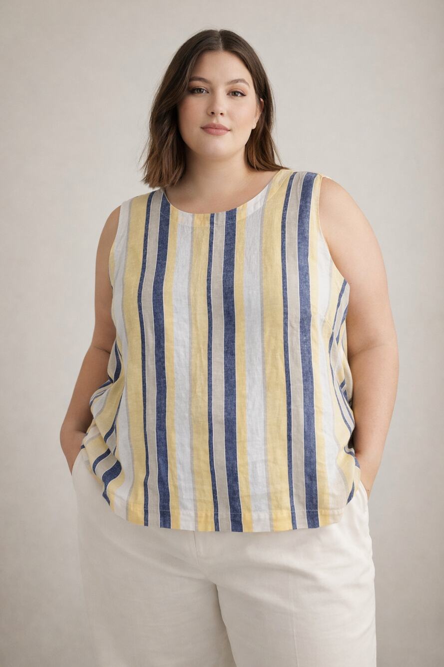 Linen Cotton Striped Sleeveless Top 2X Coastal Resort Beach Breezy